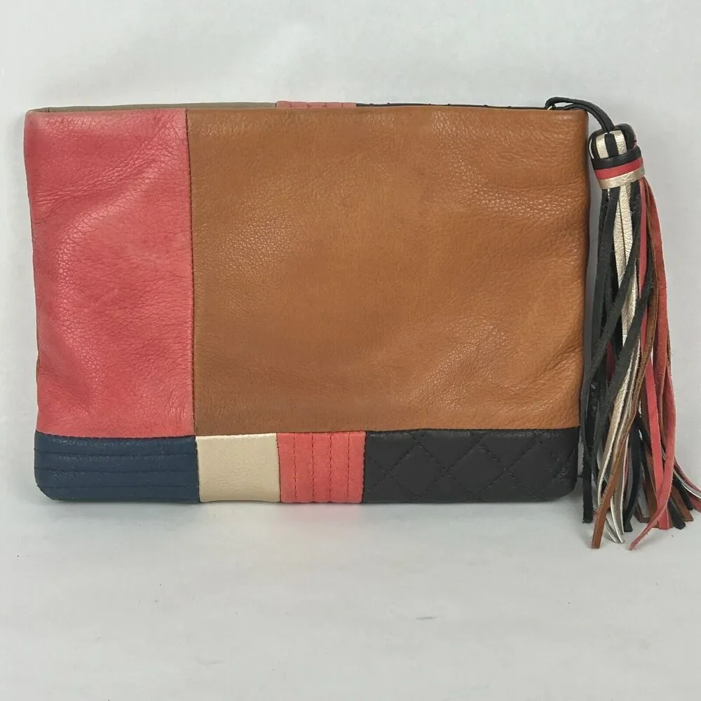 Margot New York Leather Black Pink Tan Colorblock Clutch Bag Purse Large Tassel